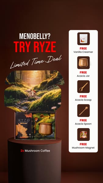 This image ad showcases RYZE Mushroom Coffee and promotes a limited-time deal where customers can get free items with th