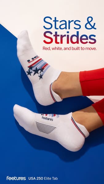 This ad showcases Feetures socks, highlighting their patriotic design and suitability for active movement.
