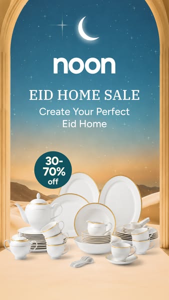 This image ad for Noon promotes their Eid Home Sale event. It features a full set of dinnerware displayed in front of a 