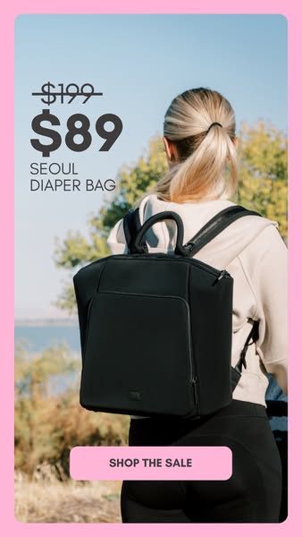 This ad for the Seoul Diaper Bag presents a stylish diaper bag, showcases a limited-time sale price, and encourages view