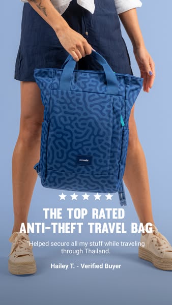 This ad features a woman holding a navy blue anti-theft travel bag with the headline, 'The top rated anti-theft trav