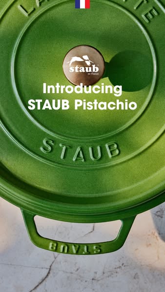 This ad showcases the Staub brand, highlighting their new Pistachio color for their cocotte. The ad emphasizes the produ