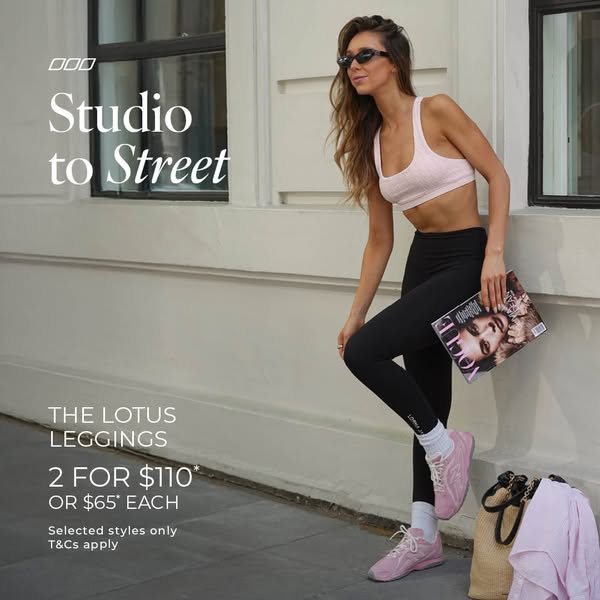 This image ad for Lorna Jane promotes their Lotus Leggings, offering a deal of 2 for $110 or $65 each. The ad features a