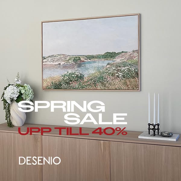 An image ad for Desenio promoting their spring sale with up to 40% off, featuring a framed painting of a landscape scene
