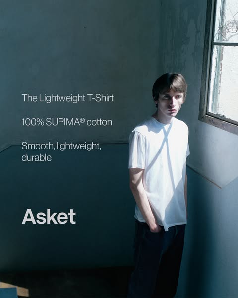 This ad features a lone model wearing a lightweight t-shirt made from 100% SUPIMA cotton. The ad highlights the product&