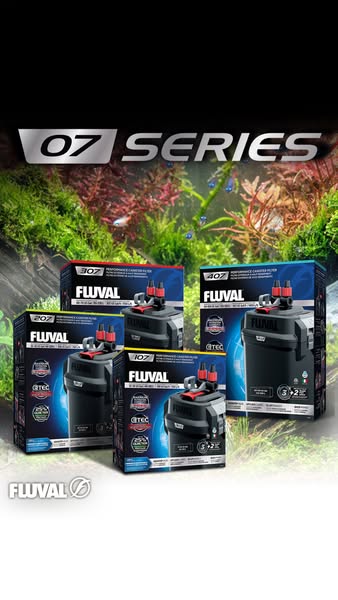 The image ad showcases Fluval's 07 Series Performance Canister Filters for aquariums. It features various models of