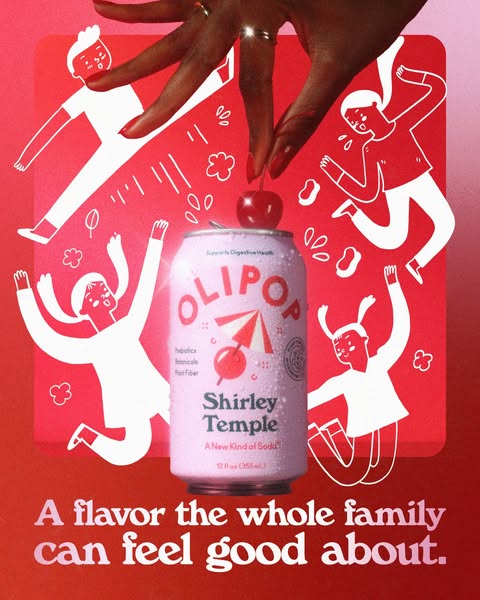 The ad features a can of Olipop Shirley Temple soda with a cherry balancing on the opening. An adult hand is reaching fo