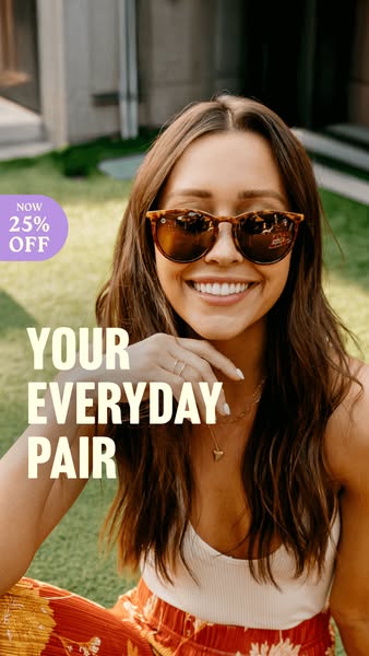 An advertisement for sunglasses that highlights the product on a smiling woman and a 25% off offer.