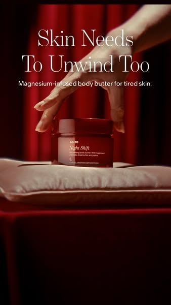 The ad showcases Go-To's Night Shift magnesium-infused body butter, suggesting it helps tired skin unwind. It emphas