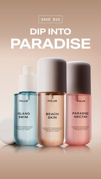 This image ad showcases Phlur hair and body fragrance mists in three scents: Island Swim, Beach Skin, and Paradise Necta