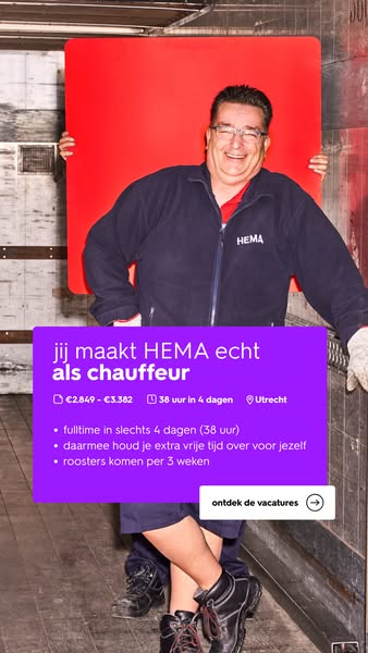 This image ad is for HEMA, a company looking for drivers. The ad shows a man who looks to be a driver, smiling and weari