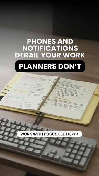 The ad identifies how phones and notifications can derail your work and then offers planners as a solution to help one f