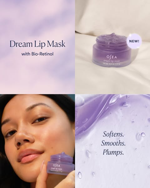 This ad showcases OSEA's Dream Lip Mask featuring a Bio-Retinol ingredient, designed to soften, smooth, and plump li