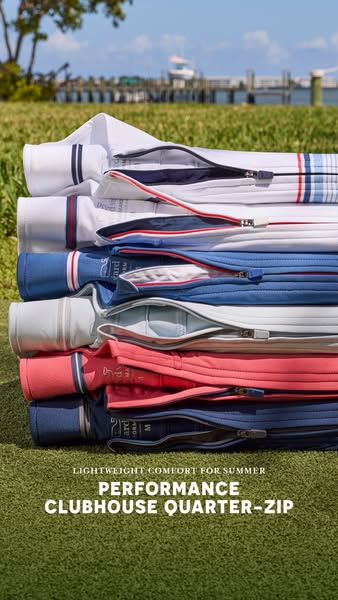 Ad for Vineyard Vines' Clubhouse Quarter-Zip performance shirts, showcasing the product features.