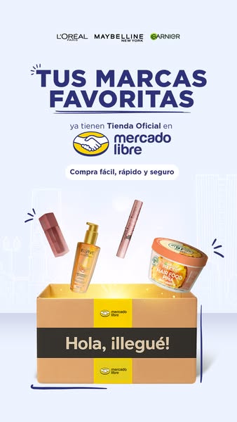 This ad promotes L'Oreal, Maybelline, and Garnier products that can be purchased through Mercado Libre. The image sh