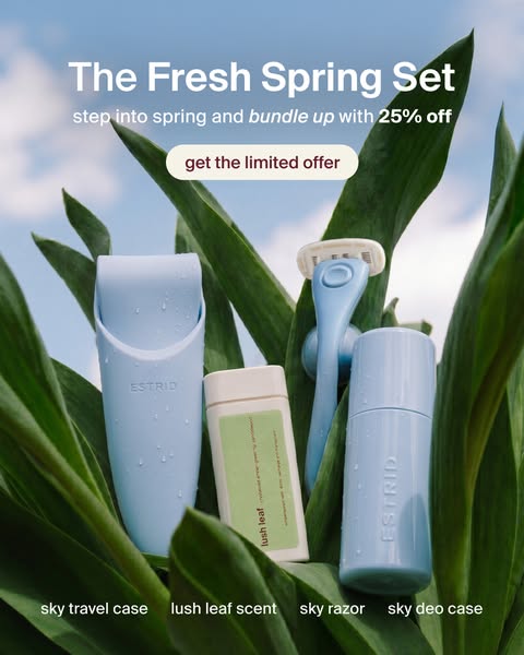 This image ad for Estrid promotes 'The Fresh Spring Set' with 25% off. The ad uses a visually appealing composit