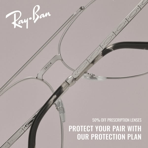 The ad showcases Ray-Ban glasses with a focus on prescription lenses and promoting a protection plan, accompanied by a 5