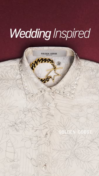 This Golden Goose ad showcases a cream-colored button-down shirt with a sketched floral and nature-inspired design, and 