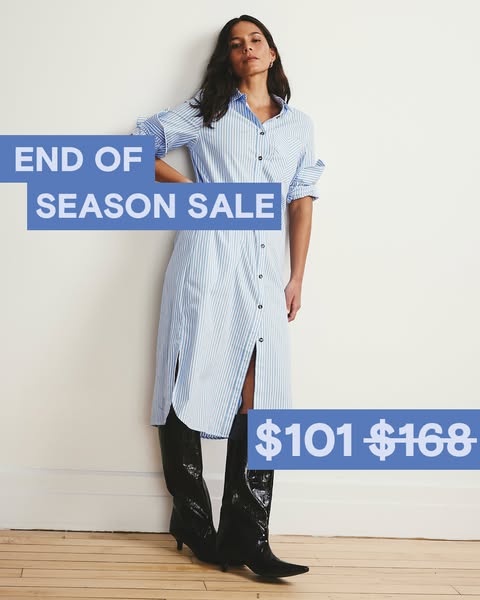 This ad showcases a woman modeling a light blue and white striped shirtdress paired with black boots. The ad highlights 