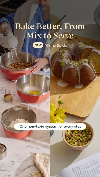 This is an image ad for a set of mixing bowls. The ad highlights the product's non-toxic system and shows the differ