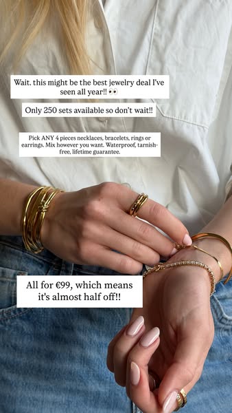 Image ad promoting a jewelry deal featuring a set of 4 pieces of jewelry that can be mixed and matched. The jewelry is w