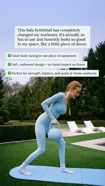 This ad features an image of a woman using the Bala Kettlebell during an outdoor workout. The ad incorporates a customer