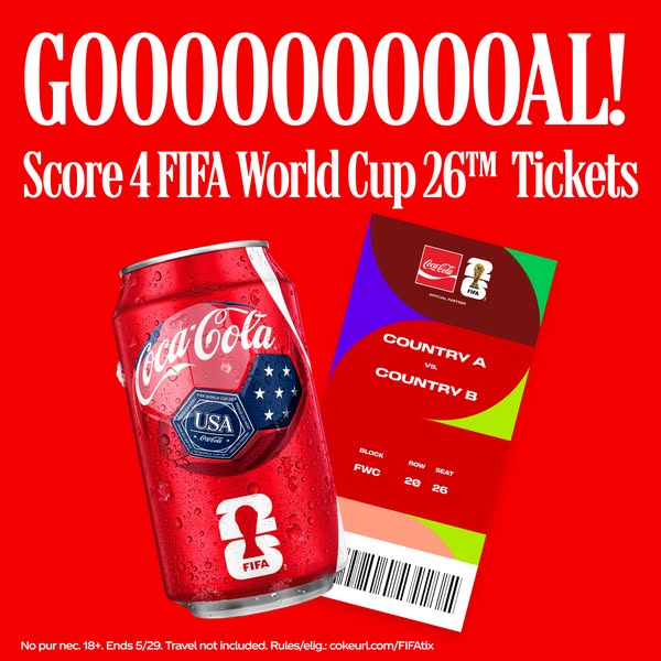 This ad promotes a contest to win tickets to the 2026 FIFA World Cup. It features a Coca-Cola can with a soccer ball des