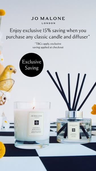 This image ad for Jo Malone promotes an exclusive 15% saving on the purchase of any classic candle and diffuser.