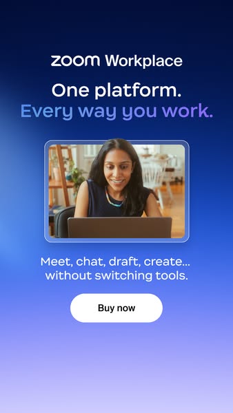 This ad for Zoom Workplace highlights the platform's ability to facilitate meetings, chats, drafts, and creation wit