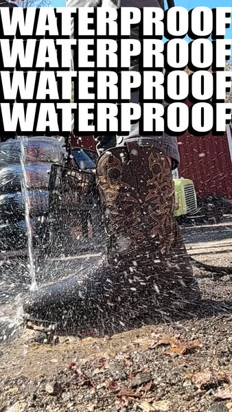 This ad showcases a brown cowboy boot being splashed with water. The emphasis of the ad is to showcase that the boot is 