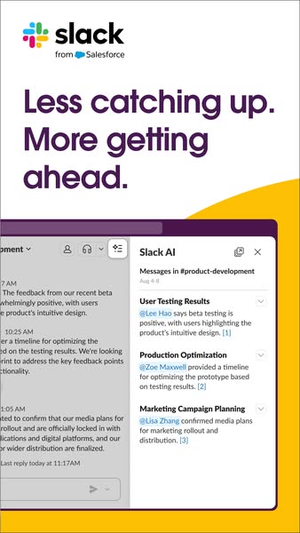 This ad for Slack AI highlights the product's ability to help users get ahead by summarizing information and optimiz