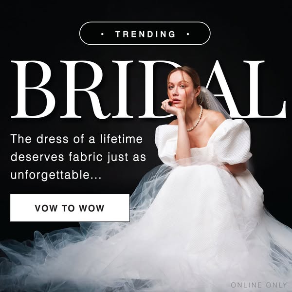 This ad promotes bridal wear, emphasizing the quality of the fabric used in the dresses. It features a model in a weddin