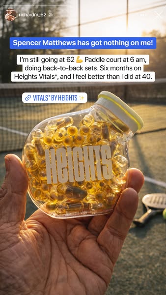 This ad features a testimonial from someone using Heights Vitals. The person claims to be feeling better at 62 while tak