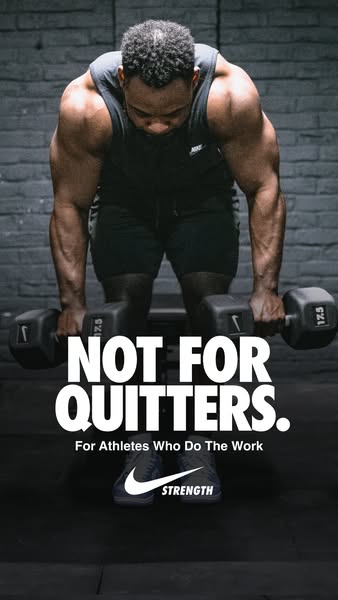 This ad features a weightlifter with the messaging "NOT FOR QUITTERS" in white, along with a small text block 