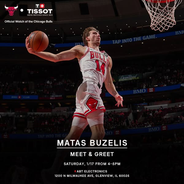 This ad promotes a meet and greet event with Matas Buzelis, featuring the Tissot brand as the official watch of the Chic