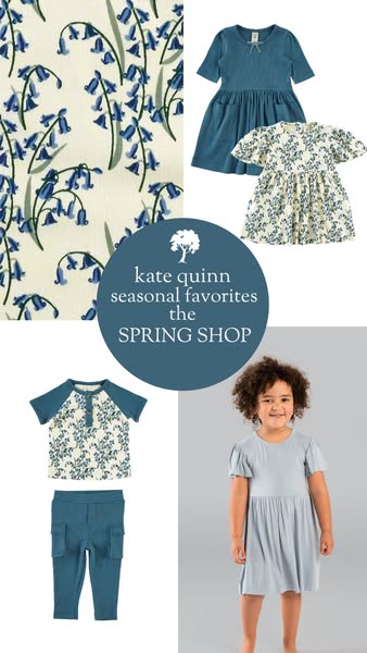 This image ad showcases the Kate Quinn brand's seasonal favorites from the Spring Shop, featuring a variety of child