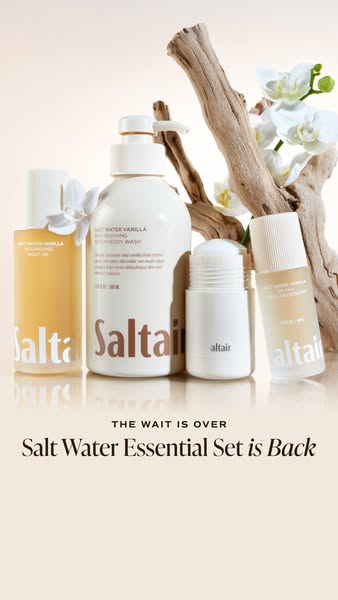 This ad showcases the Salt Water Essential Set, highlighting its return and featuring multiple products from the Salt Ai