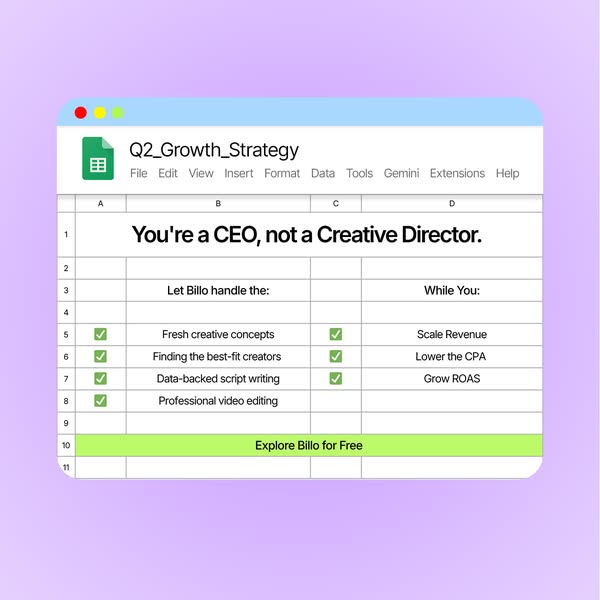 This ad uses a spreadsheet to illustrate how Billo handles creative tasks so that CEOs can focus on revenue, cost per ac