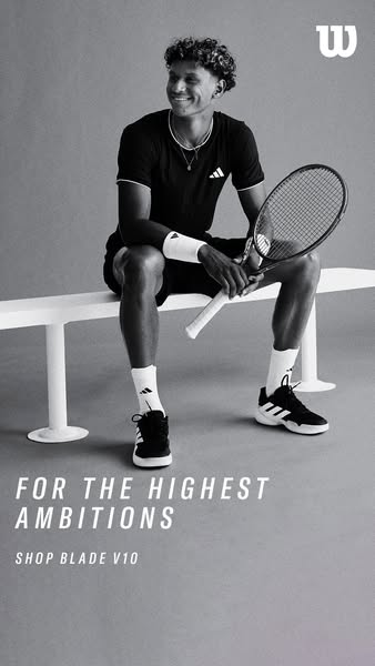 This image ad shows a tennis player sitting on a bench and holding a Wilson tennis racket to promote the new Blade V10.