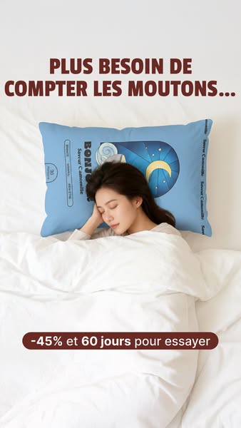 This image ad promotes a pillow intended to help people sleep better. It features an image of a woman sleeping comfortab