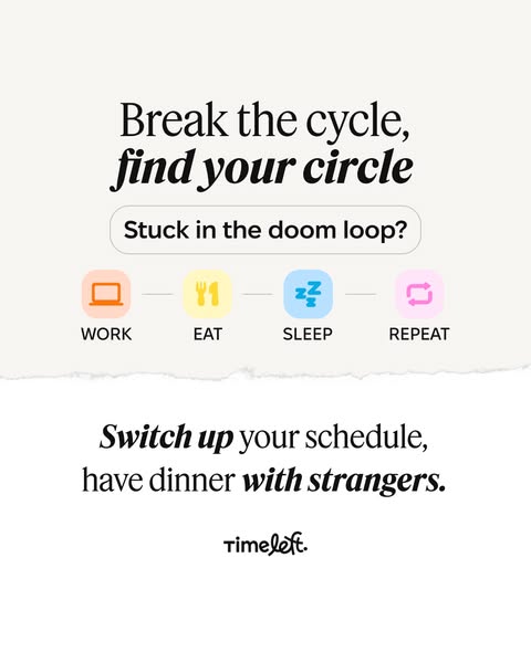 This ad presents the problem of being stuck in a repetitive daily cycle and offers Timeleft as a solution to break free 