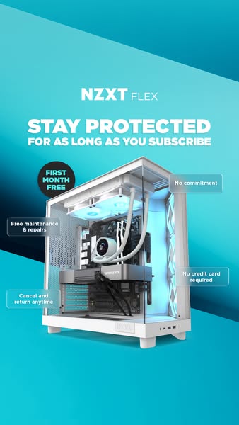 This ad promotes NZXT's FLEX service, which offers a PC subscription with maintenance, repairs, and the ability to c