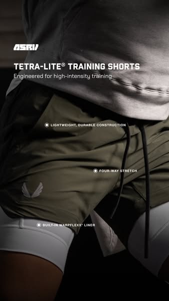 This image ad showcases ASRV's TETRA-LITE training shorts, emphasizing their lightweight, durable construction, four
