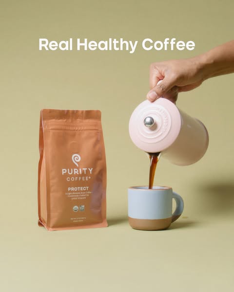 This ad features a bag of Purity Coffee and demonstrates the coffee being poured into a mug, highlighting it as a real a