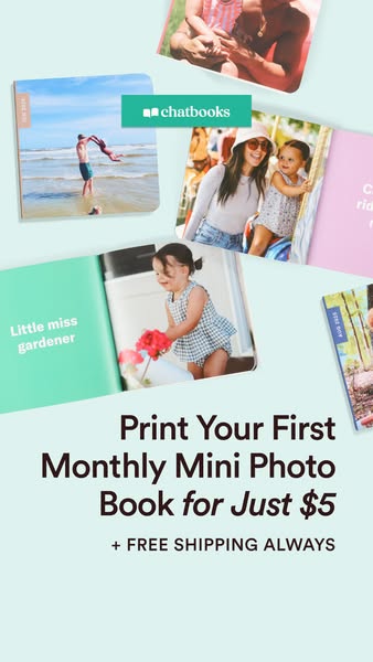 This ad promotes Chatbooks' monthly mini photo books. The ad features a visually appealing layout with several mini 