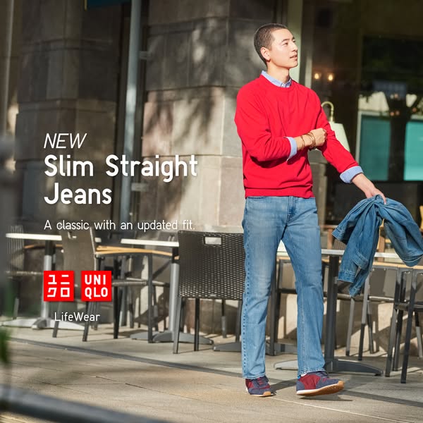This ad showcases the new slim straight jeans from UNIQLO. A man is shown wearing the jeans and a red sweater while stan