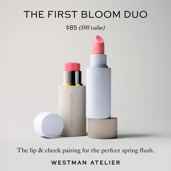 This ad showcases a Westman Atelier lip and cheek duo called "The First Bloom Duo", emphasizing its value and 