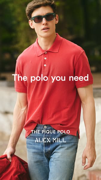 This ad features a man wearing a red polo shirt and blue jeans. The ad promotes the Alex Mill pique polo shirt. The foca