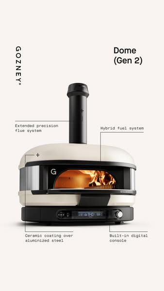 This ad showcases the Gozney Dome (Gen 2) pizza oven, highlighting key features such as the extended precision flue syst