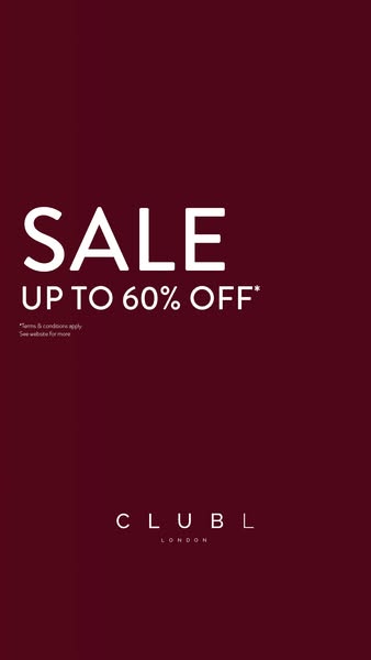 This ad by Club L London features a maroon background with the text SALE and UP TO 60% OFF. The brand's logo is at t